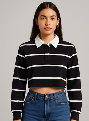 GROWMORE CREATION Casual Striped Women Black Top