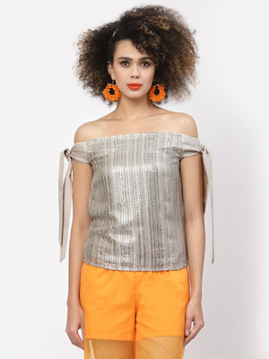 LELA Casual Solid Women Gold Top