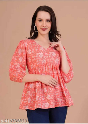 HouseOfCommon Casual Printed Women Orange Top
