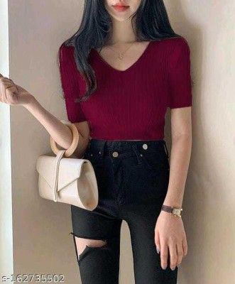 SONIC FASHION Casual Solid Women Maroon Top