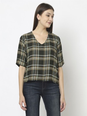 CRIMSOUNE CLUB Casual Checkered Women Dark Green Top