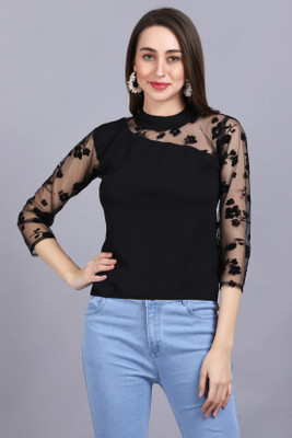 Oiskal Casual Self Design Women Black Top