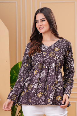 Light Daisy Women Printed Flared Kurta(Maroon)