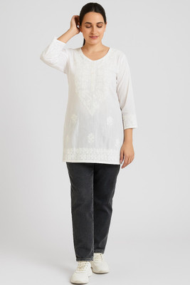 Elaasa Casual Embroidered Women White Top