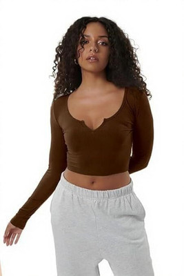 Siyara Casual Solid Women Brown Top