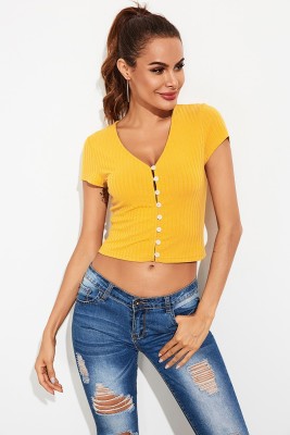 BoStreet Casual Solid Women Yellow Top