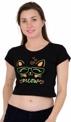 Revolvar Printed Women Round Neck Black T-Shirt