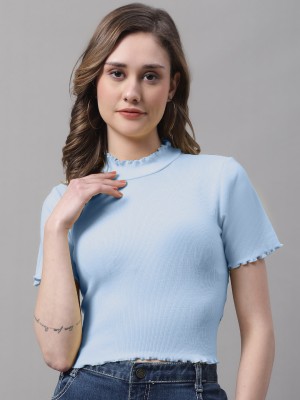 FBAR Casual Solid Women Light Blue Top