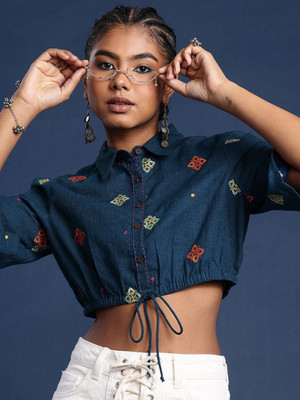 Taavi Casual Embroidered Women Blue Top