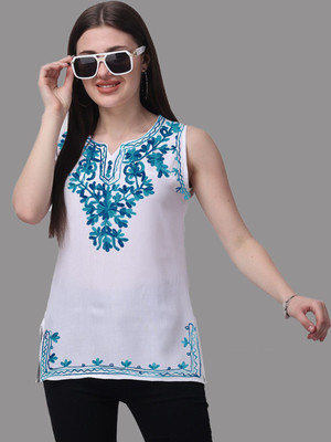 AMODERNFASHION Casual Embroidered Women Blue, White Top