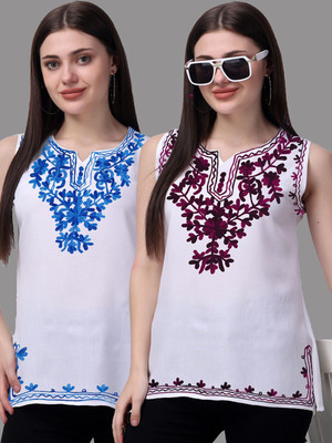 aakrushi Casual Embroidered Women Light Blue, Multicolor Top
