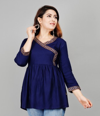 Brijam Casual Embroidered Women Dark Blue Top