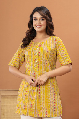 Vivan Enterprises Women Geometric Print A-line Kurta(Yellow, White)