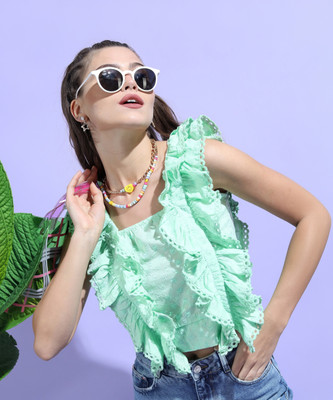 Tokyo Talkies Casual Printed, Solid Women Green Top