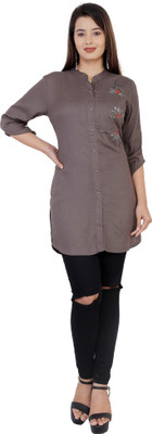 Highlight fashion export Casual 3/4 Sleeve Solid Women Grey Top