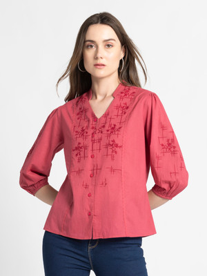 SHAYE Casual Embroidered Women Orange Top