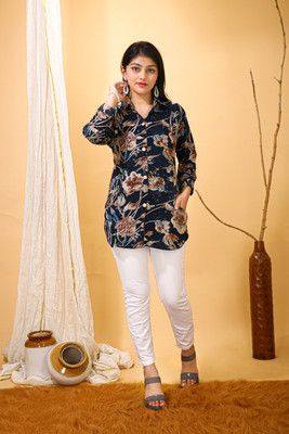 FULPARI Formal Printed Women Dark Blue Top