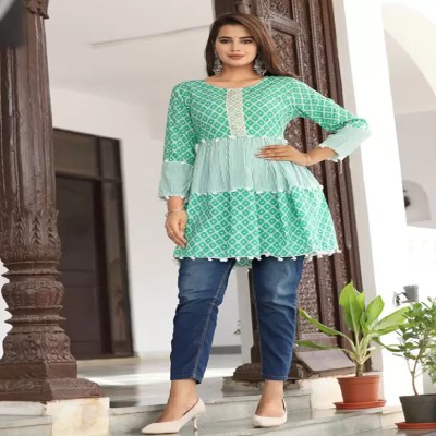 ANGINI Casual Printed Women White, Light Green Top