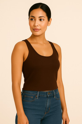 OOTDFY Casual Solid Women Brown Top