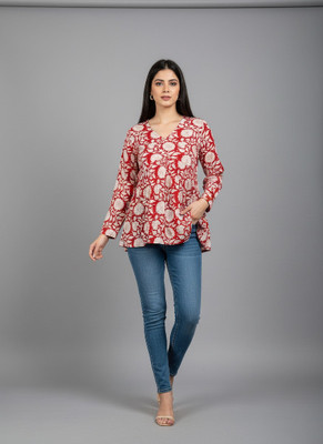 Desi Beats Casual Floral Print Women Red Top
