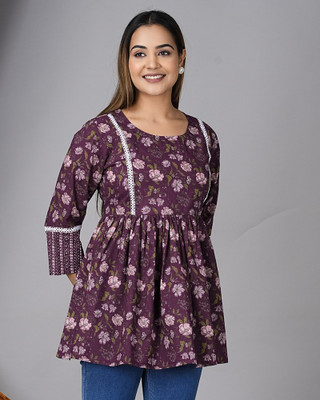 Weva Fashion Casual Printed Women Purple Top