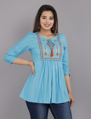 STYLE GANGA Casual Embroidered Women Light Blue Top