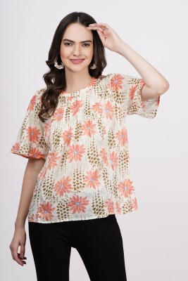 Casual Self Design Women Orange, White Top