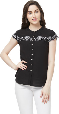 GO.4.IT Casual Cap Sleeve Embroidered Women Black Top