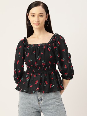 SLENOR Casual Printed Women Black Top