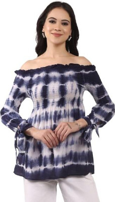 DADDY COME Casual Tie & Dye Women Dark Blue, White Top