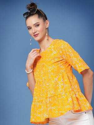 BELLAORA Casual Floral Print Women Orange Top