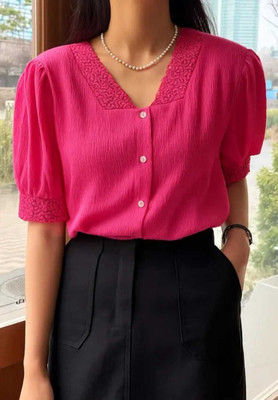 mnjkbj Casual Lace, Self Design Women Pink Top