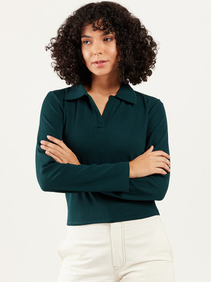 ATHENA Casual Solid Women Dark Green Top