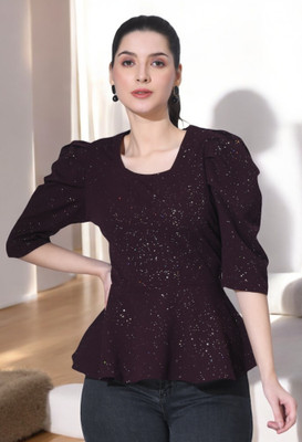 HouseOfCommon Casual Self Design Women Purple Top
