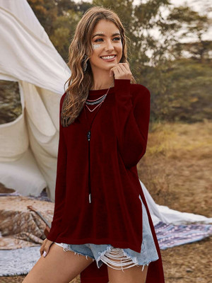 Dream Beauty Fashion Casual Solid Women Maroon Top
