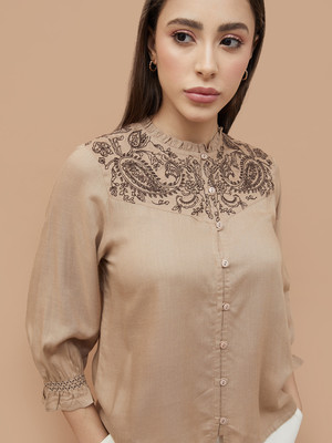 Fame Forever by Lifestyle Casual Embroidered Women Beige Top