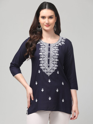 STYLE PREZONE Casual Embroidered Women Dark Blue Top