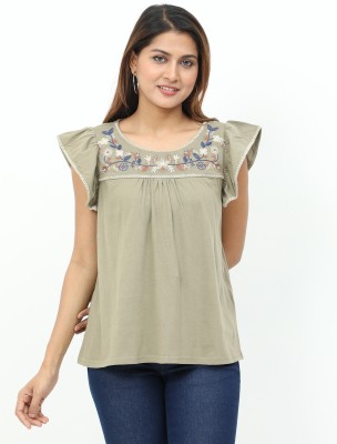 Glam & Chique Casual Embroidered Women Light Green Top