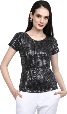 V-MART Casual Self Design Women Black, Silver Top