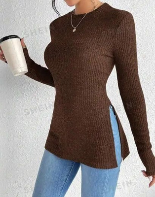 Heilig Casual Solid Women Brown Top