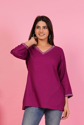 LABANIYA Casual Solid, Embroidered Women White, Pink Top