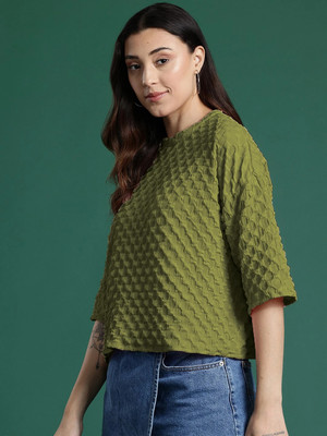 Rahi Trendz Casual Self Design Women Dark Green Top