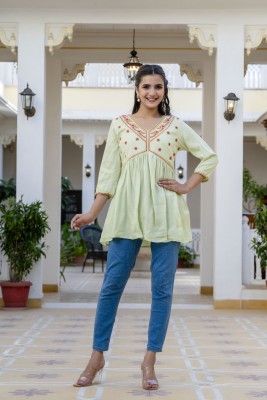 ANNU PARIDHAN Casual Embroidered Women Light Green Top