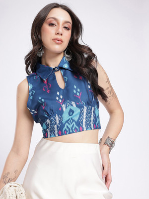 Glitchez Casual Printed Women Blue Top