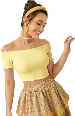 DEALZONE Casual Self Design Women Yellow Top