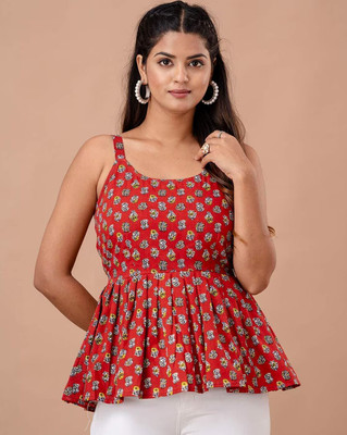 Rangun Casual Floral Print Women Red Top