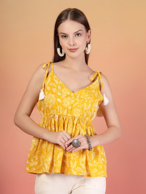 FABRIC FITOOR Casual Floral Print Women Yellow Top