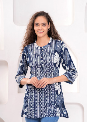 Highlight fashion export Casual Geometric Print Women Dark Blue Top