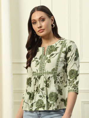 SumanFashion Casual Floral Print Women Beige Top