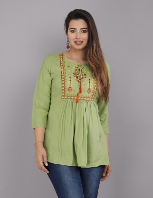 badthuniya fab Casual Embroidered, Solid Women Light Green Top